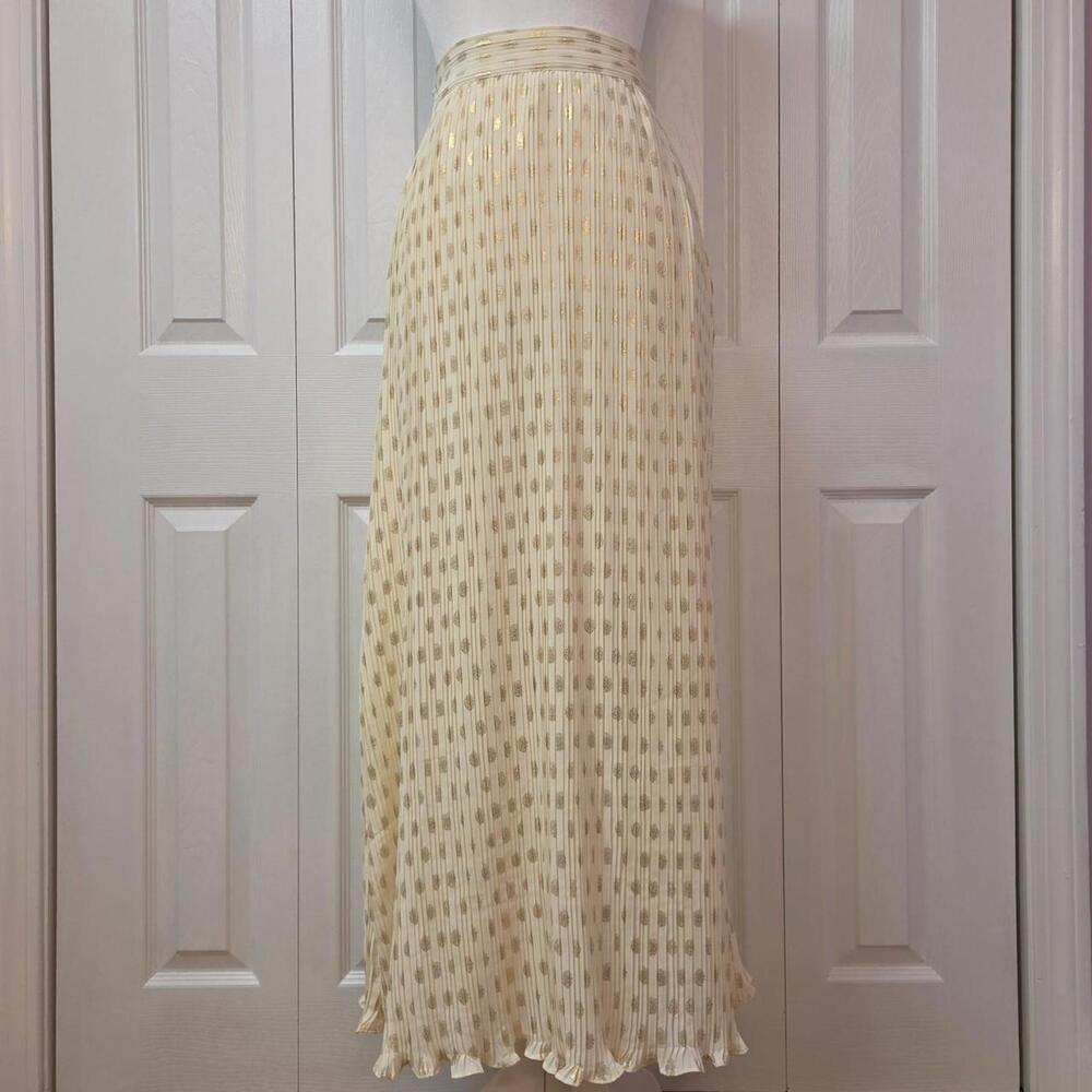 Pleated Cream Gold Polka Dot Maxi Skirt Rachel Zoe Size XXS Retro Boho Vacation